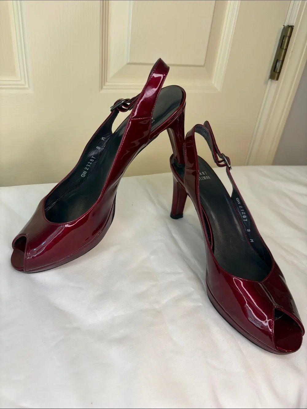 Stuart Weitzman Burgundy Red Patent Peep Toe Sling Back Heels Retro Style Size 8