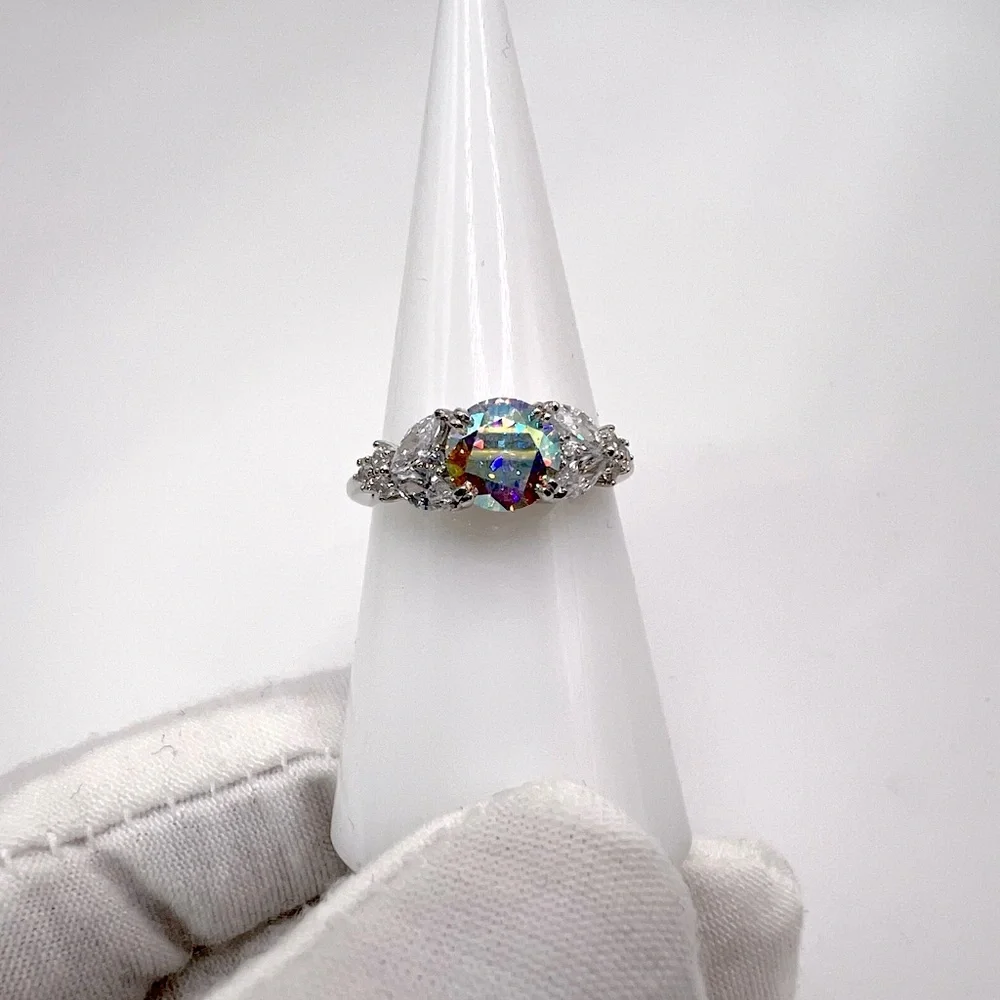 .925 Sterling Silver Iridescent Rainbow CZ Ring