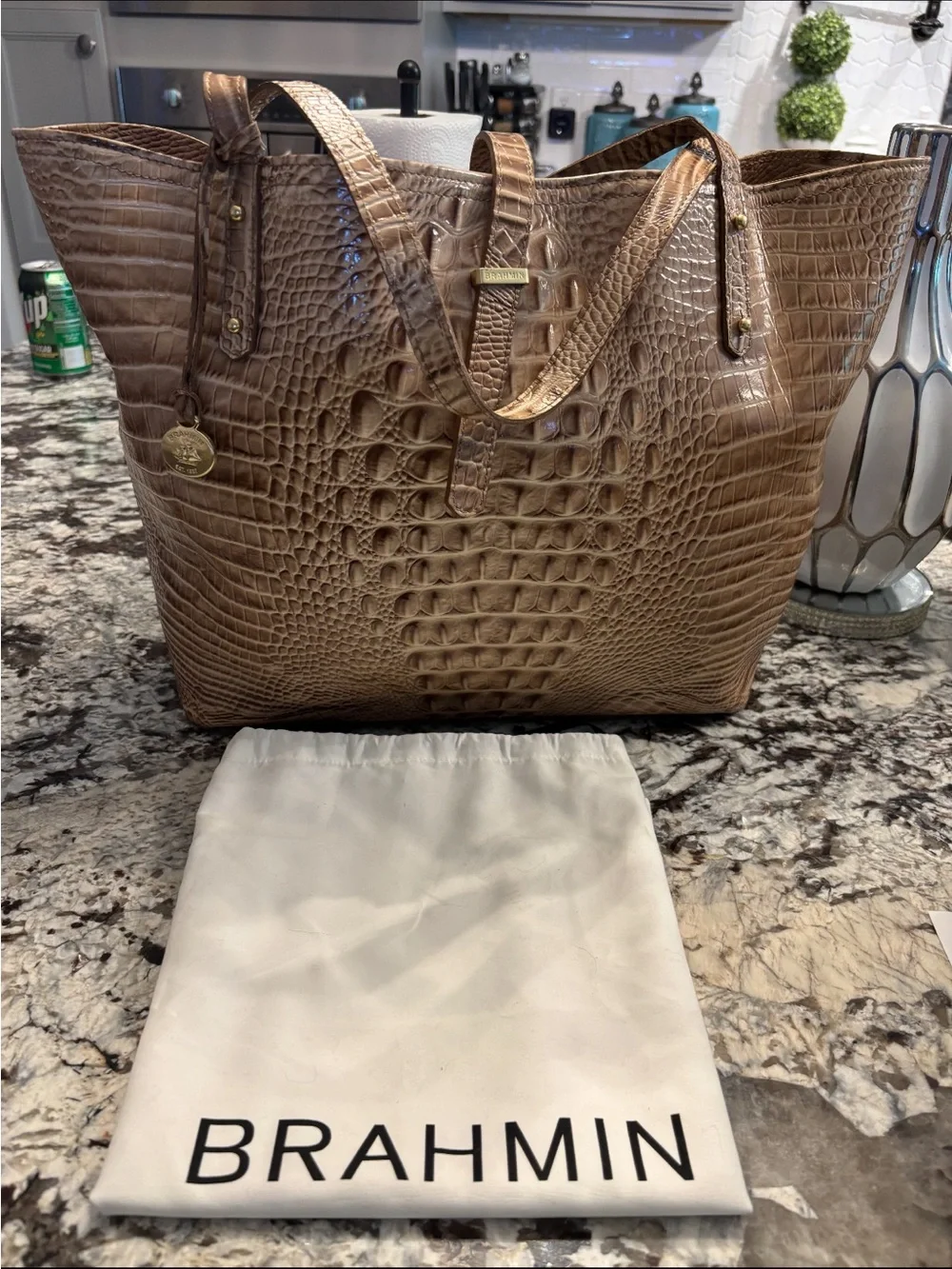 Brahmin Croc-Embossed Taupe Leather Tote