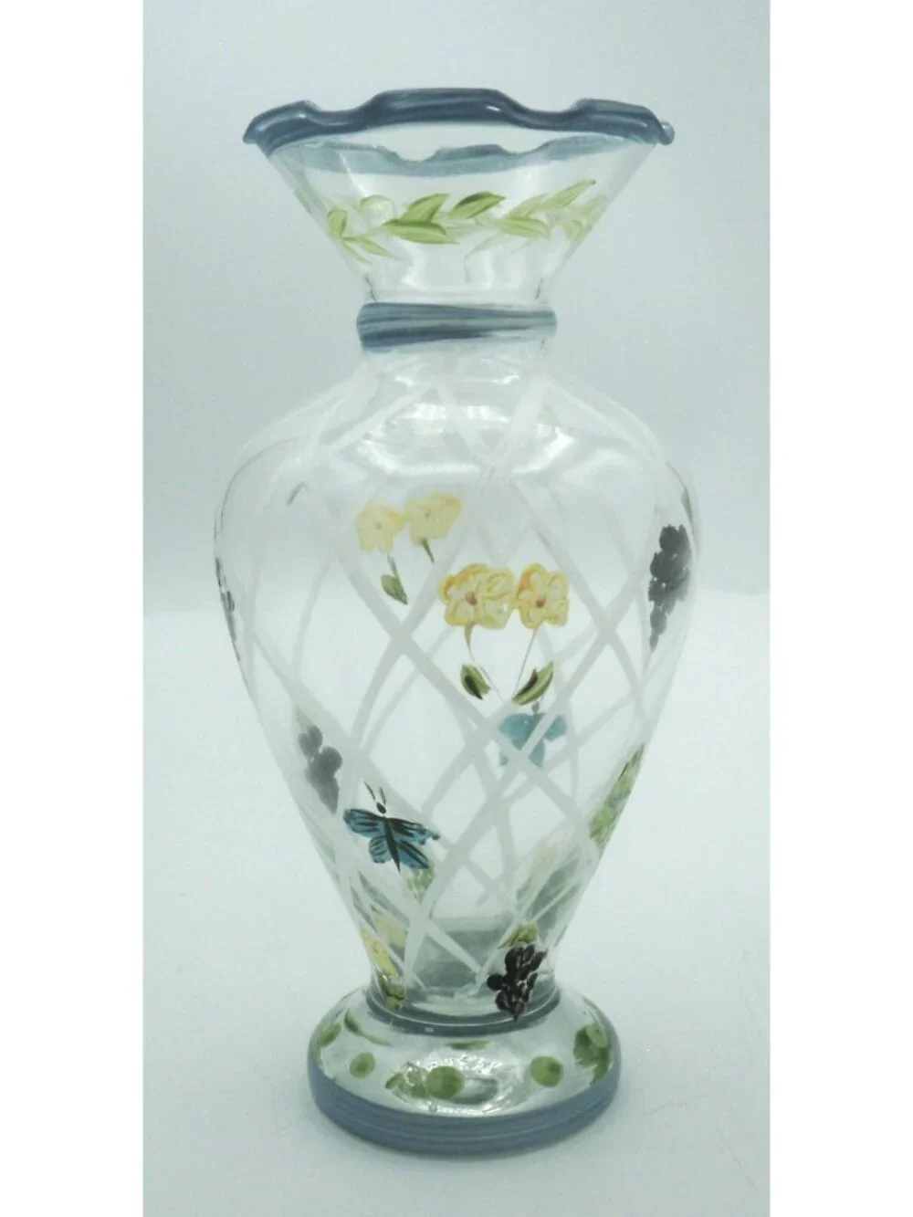 Tracy Porter Lattice Vase Butterfly Grapes Flowers Ruffle Top Hand Painted