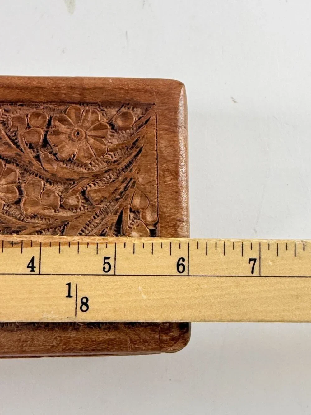 Vintage Hand Carved Wood Jewelry Box Inlaid Floral Design Velvet Lined India