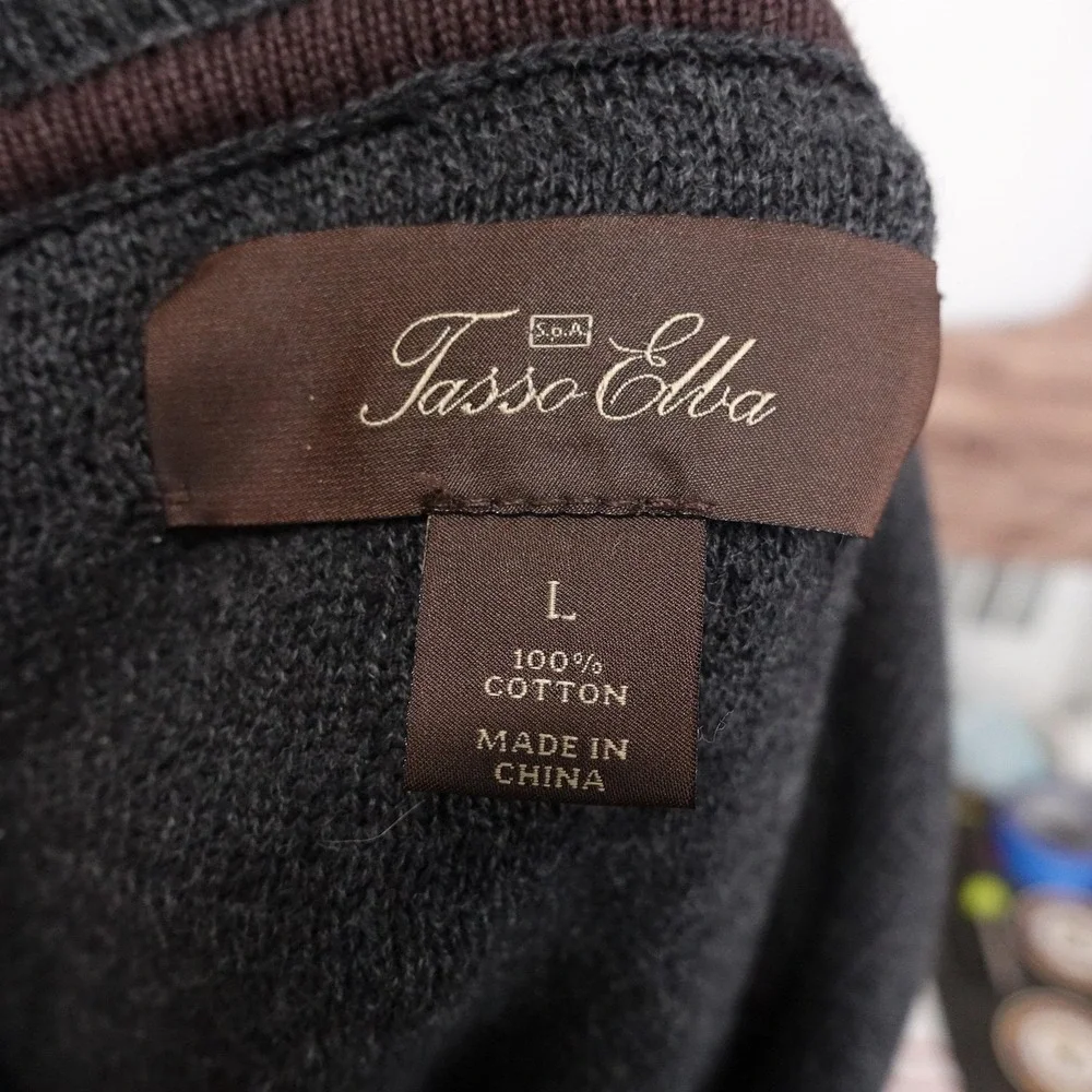 Tasso Elba Sweater Mens L Gray Mock Neck Full Zip Cotton Knit Pockets Cardigan