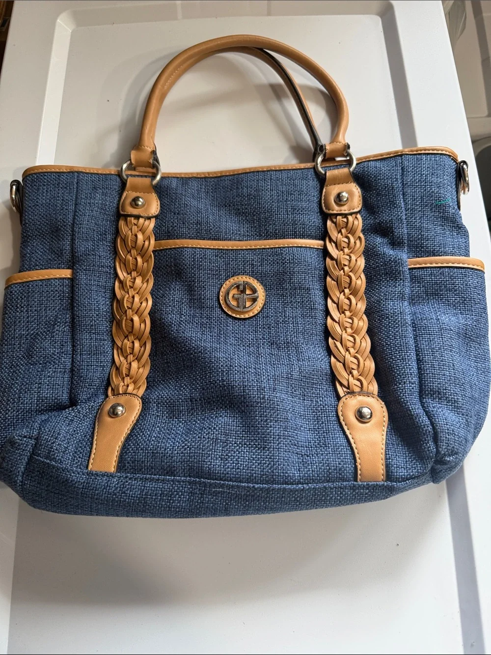 Blue Canvas Tote with Tan Braided Handles - Casual Women's Bag