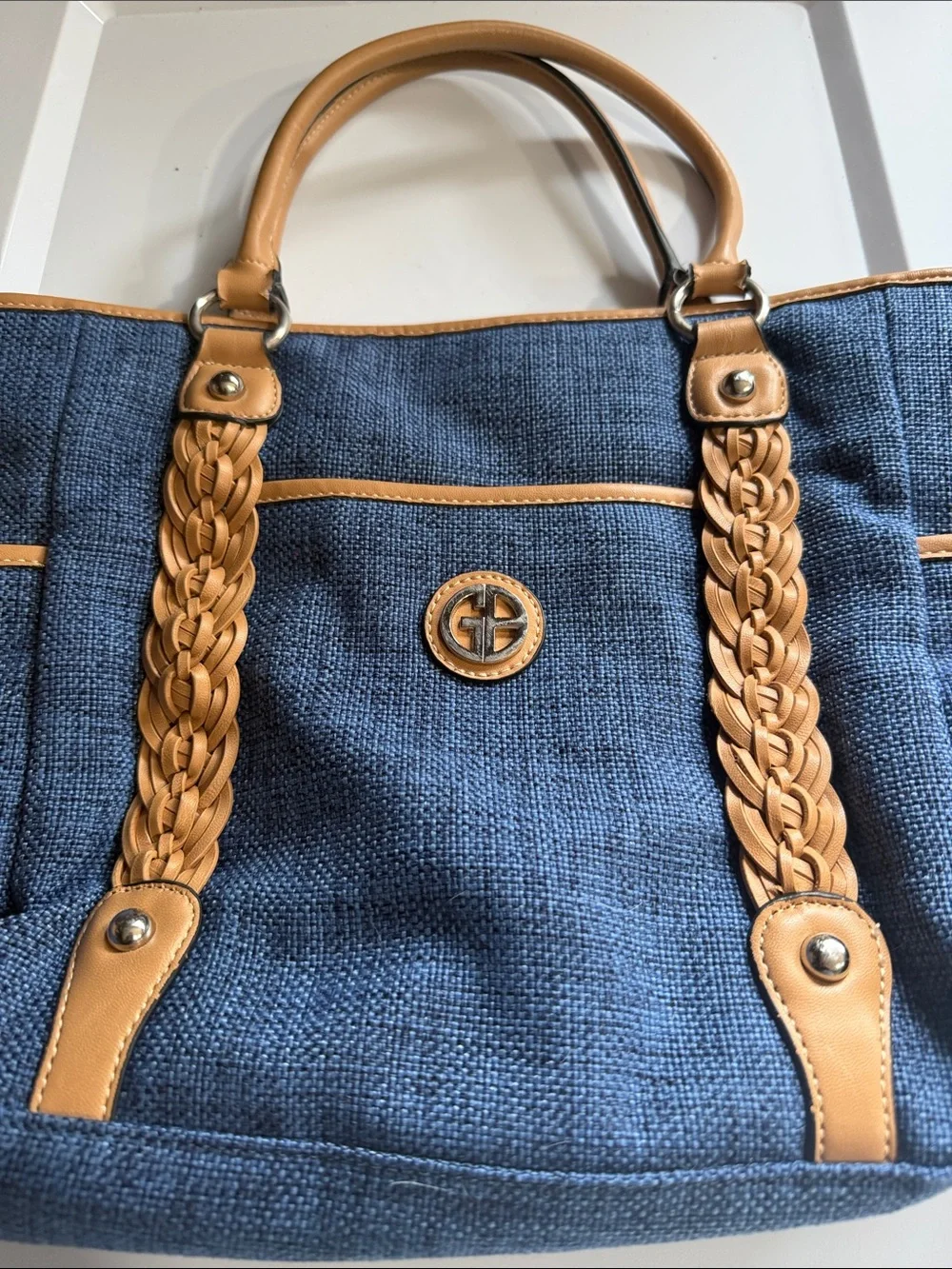 Blue Canvas Tote with Tan Braided Handles - Casual Women's Bag