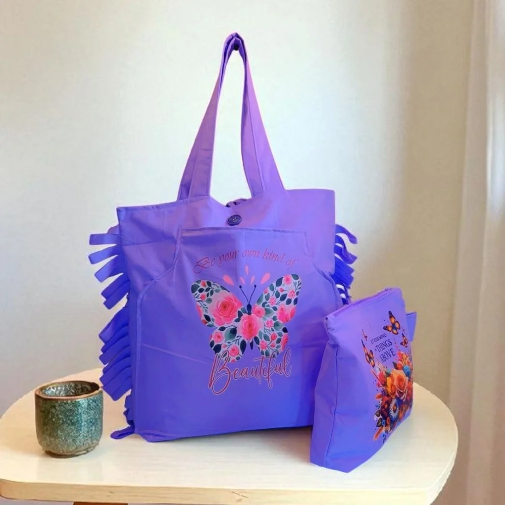 Vibrant Purple Tote Bag Set with Floral Design