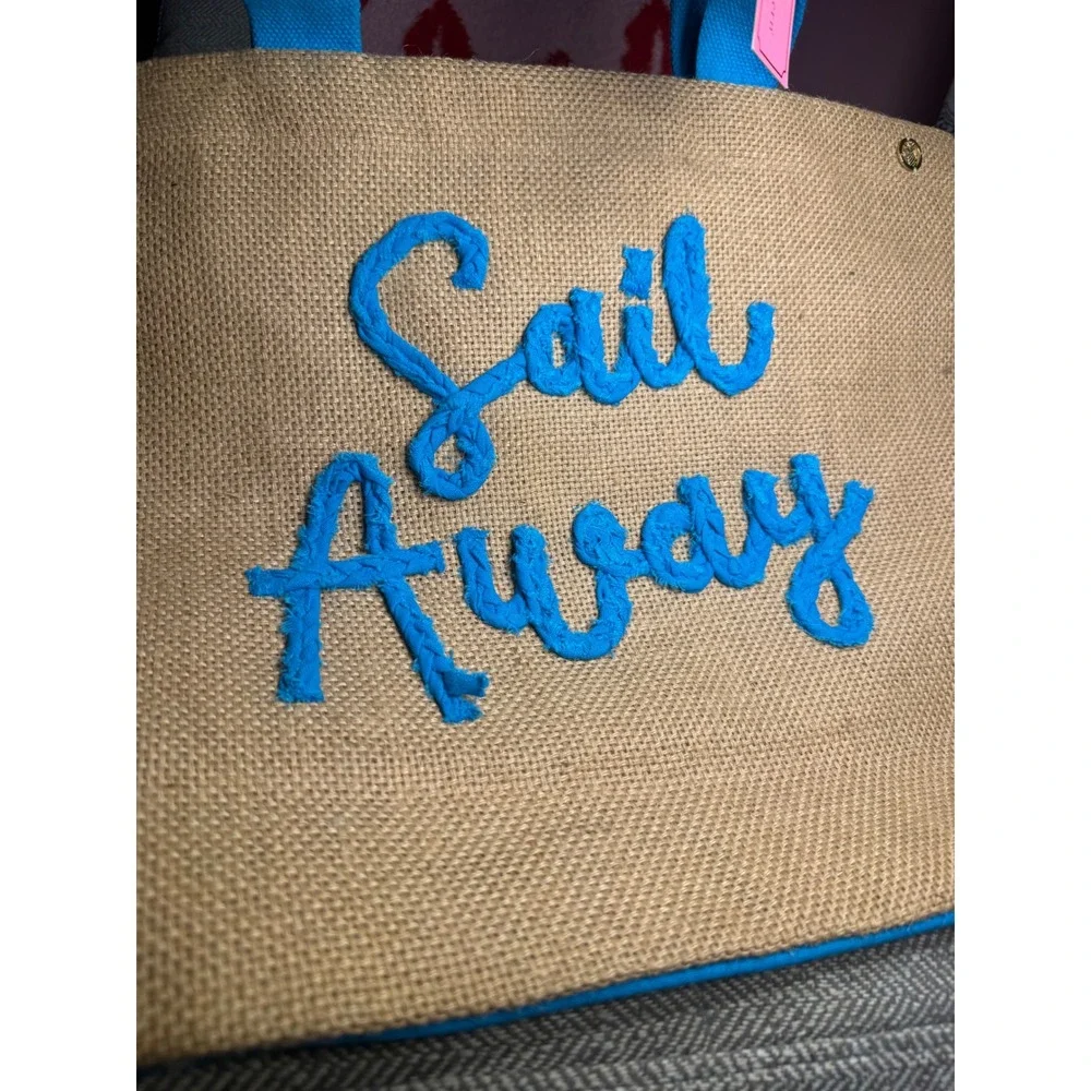 Simply Southern Sail Away Jute Tote Bag Blue Tan Nautical Beach Bag