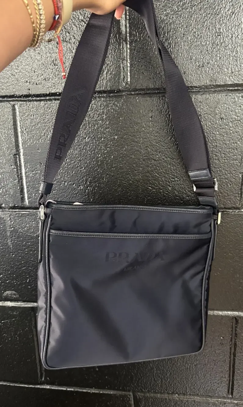 Prada Tessuto Nylon Saffiano Messenger Crossbody Bag Black