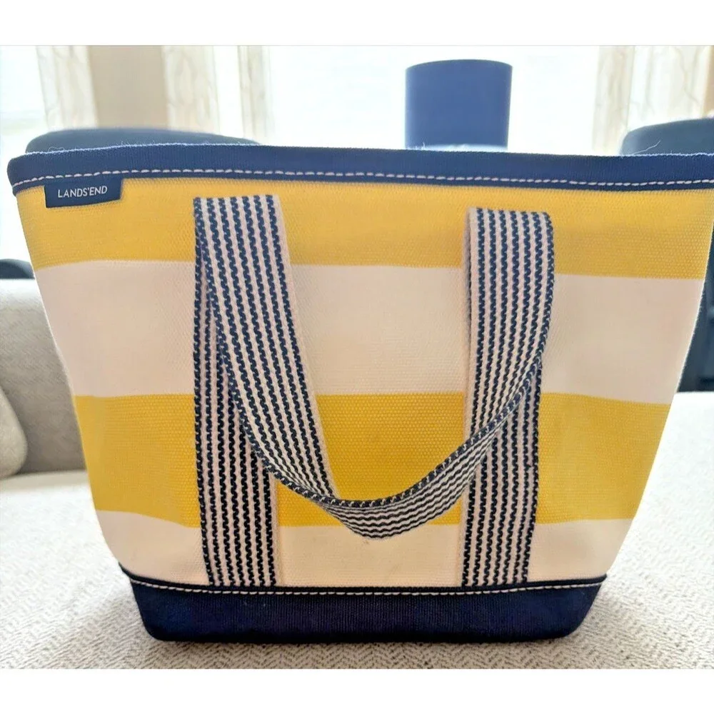 LANDS END Boat Bag Tote Nautical Yellow and Navy Stripe Mini