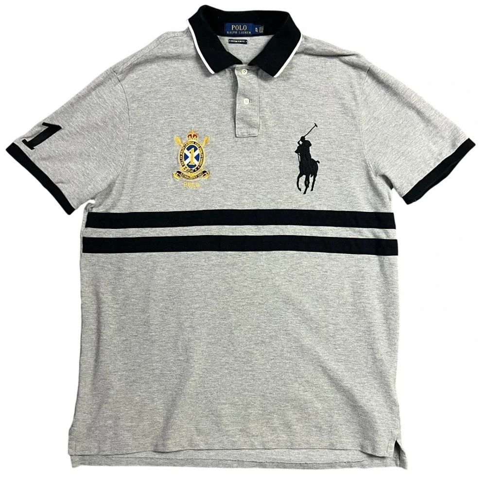Polo Ralph Lauren Polo Shirt Size XL Grey Big Pony Crest Custom Slim Fit Striped