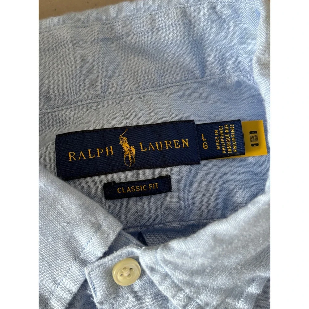 Polo Ralph Lauren Mens Light Blue 100% Linen Classic Fit Button Down Shirt L