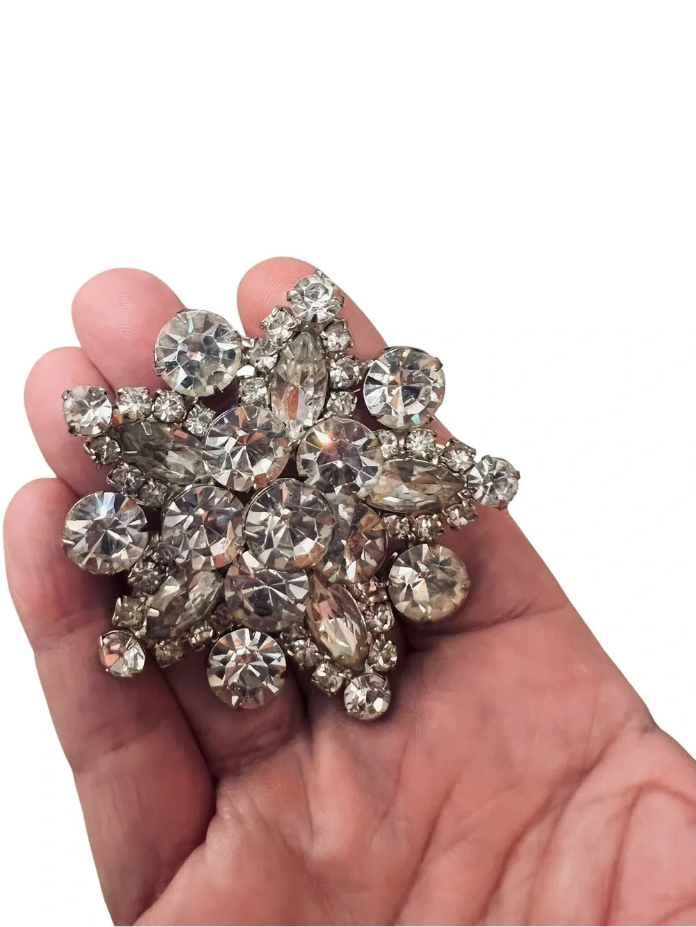 Starburst Rhinestone Brooch VTG Mid-Century Modern Clear Silver Tone Cluster