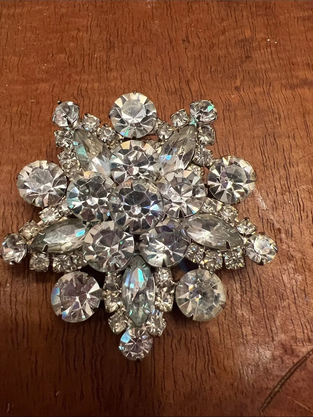 Starburst Rhinestone Brooch VTG Mid-Century Modern Clear Silver Tone Cluster