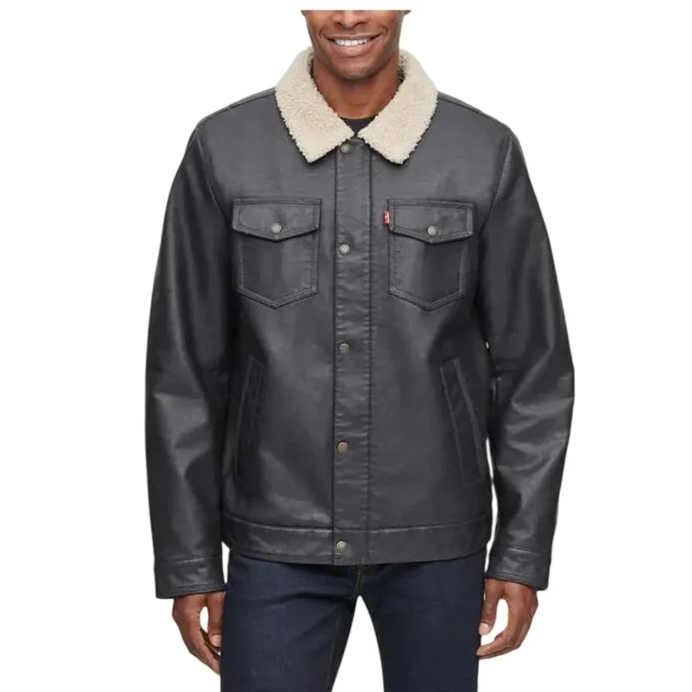 Levis Mens Black Faux Leather Sherpa Trucker Jacket Size S Bomber Full Zip‎