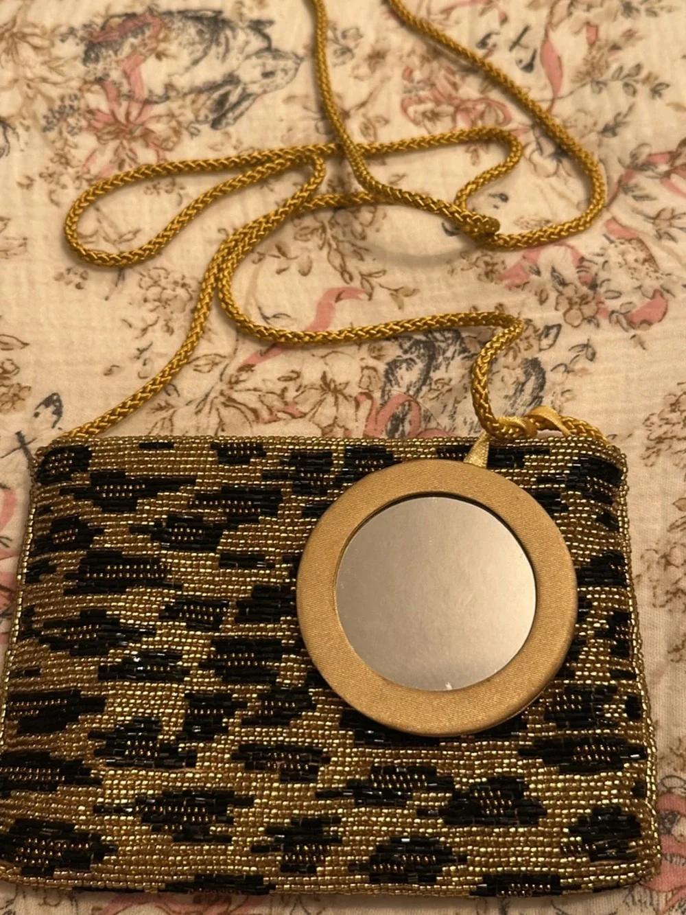 Vintage Gold Beaded Leopard Print Crossbody Bag with Mirror