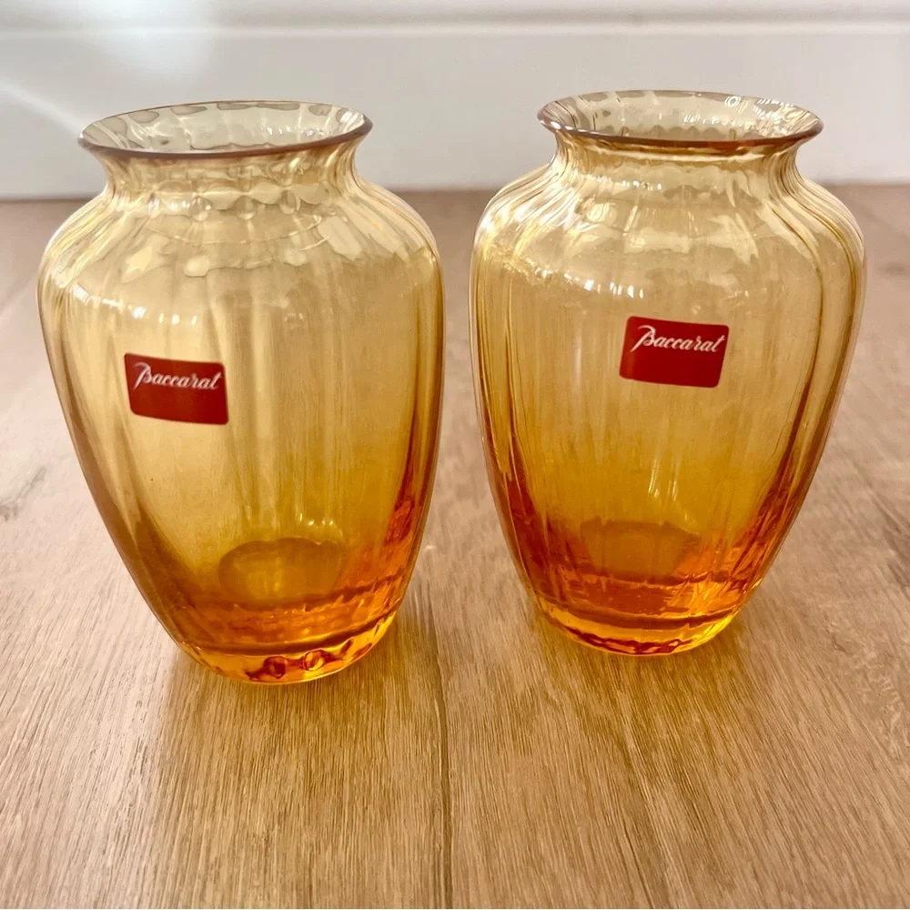 2 PCs BACCARAT Crystal Glass Vase‎ Amphora Orange Original Label Signed NWT 4.5”