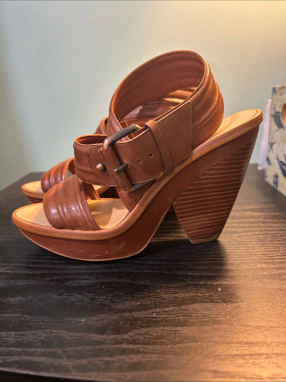 Max Studio Tan Leather Ruched Wedge Sandals with Buckle Detail