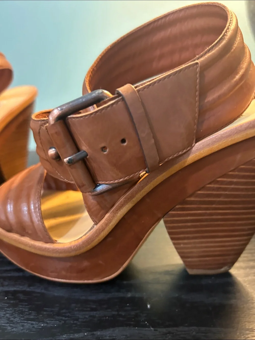 Max Studio Tan Leather Ruched Wedge Sandals with Buckle Detail