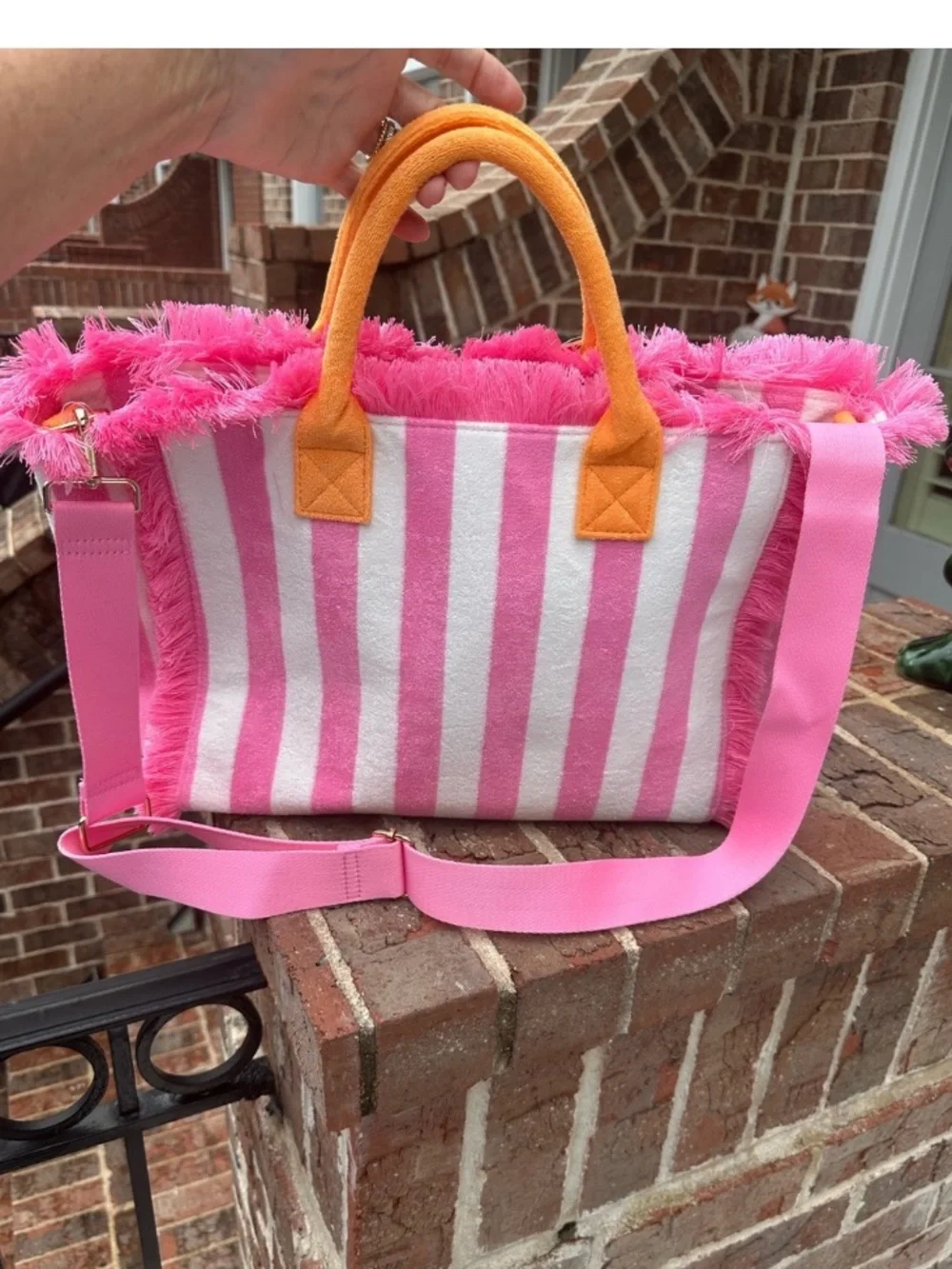 🩷Pink & White Striped Fringe Tote with Orange Handles and  Crossbody Strap🩷