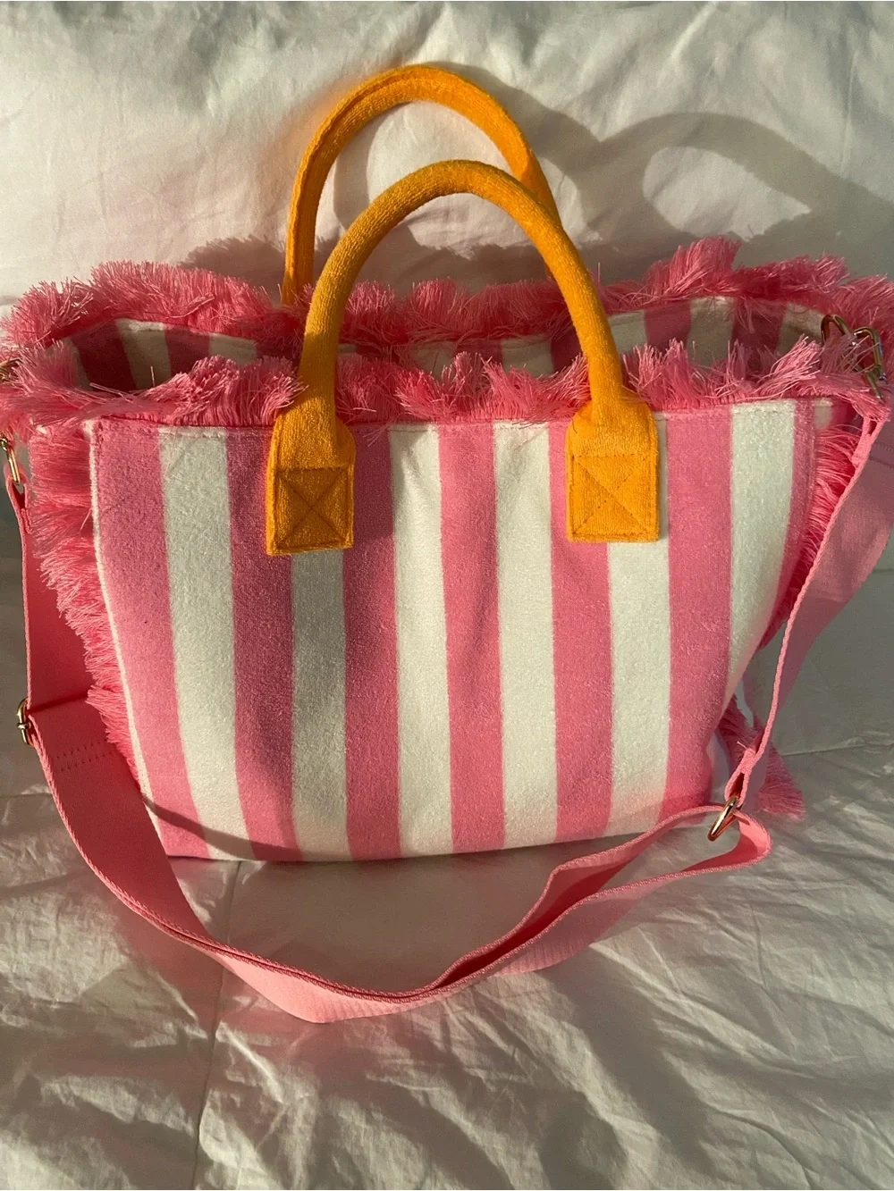 🩷Pink & White Striped Fringe Tote with Orange Handles and  Crossbody Strap🩷