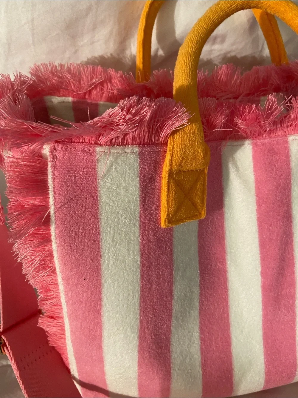 🩷Pink & White Striped Fringe Tote with Orange Handles and  Crossbody Strap🩷