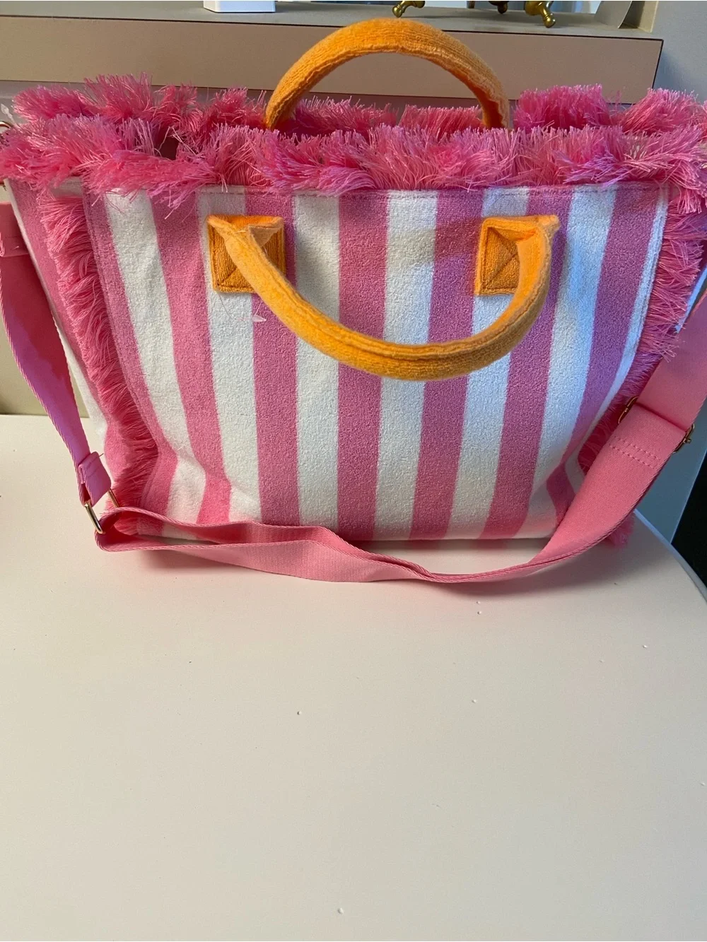 🩷Pink & White Striped Fringe Tote with Orange Handles and  Crossbody Strap🩷
