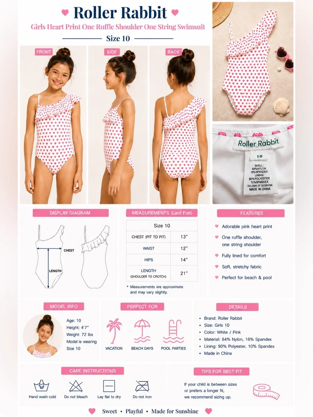 Roller Rabbit Girls Heart Print Ruffle One Piece Swimsuit White Pink Size 10