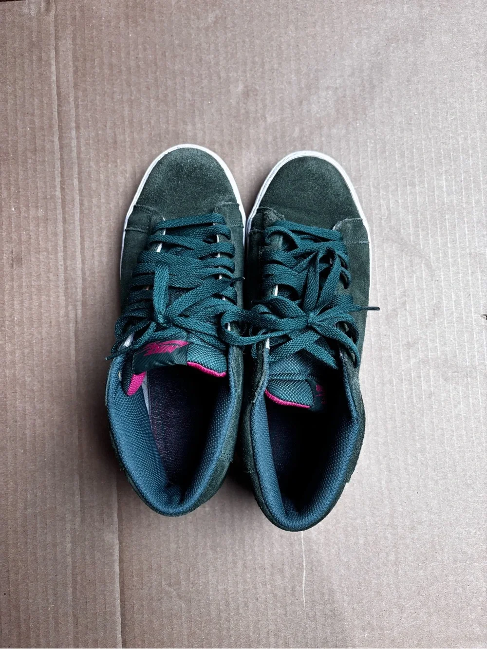 Nike Men's Green Suede Sneakers with Pink Logo Accents