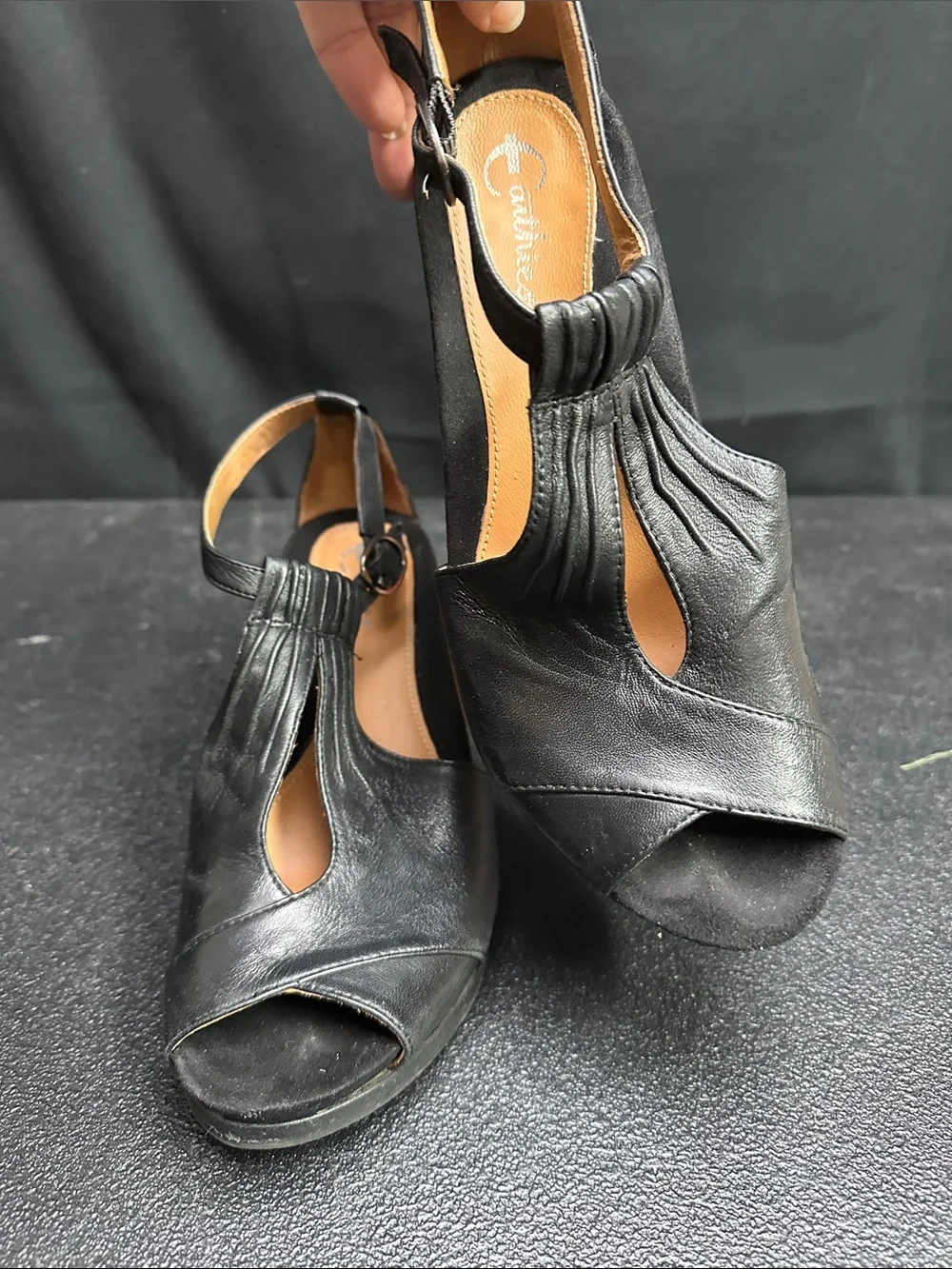 Earthies Black Leather Peep-Toe Slingback Wedges “Seria” 9B