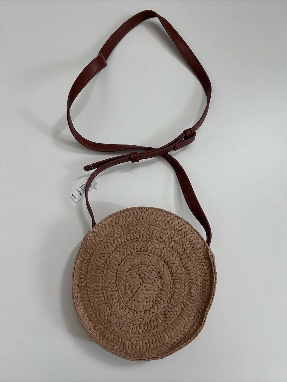NWT Women’s Round Woven Crossbody Bag in Tan with Brown Strap