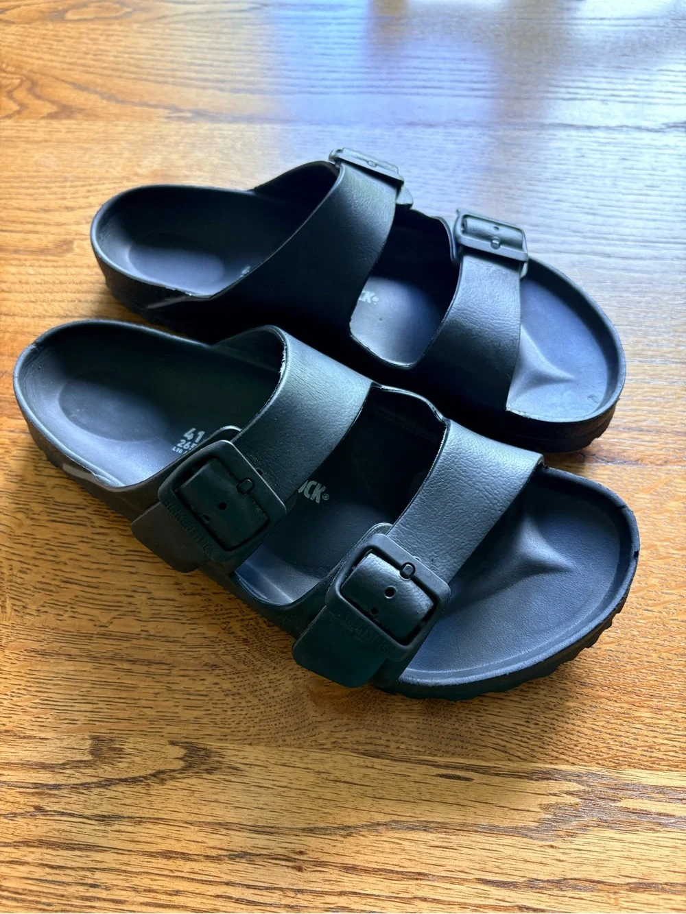 Birkenstock Arizona EVA Black Two-Strap Sandals with Buckles- mens 8, ladies 10.