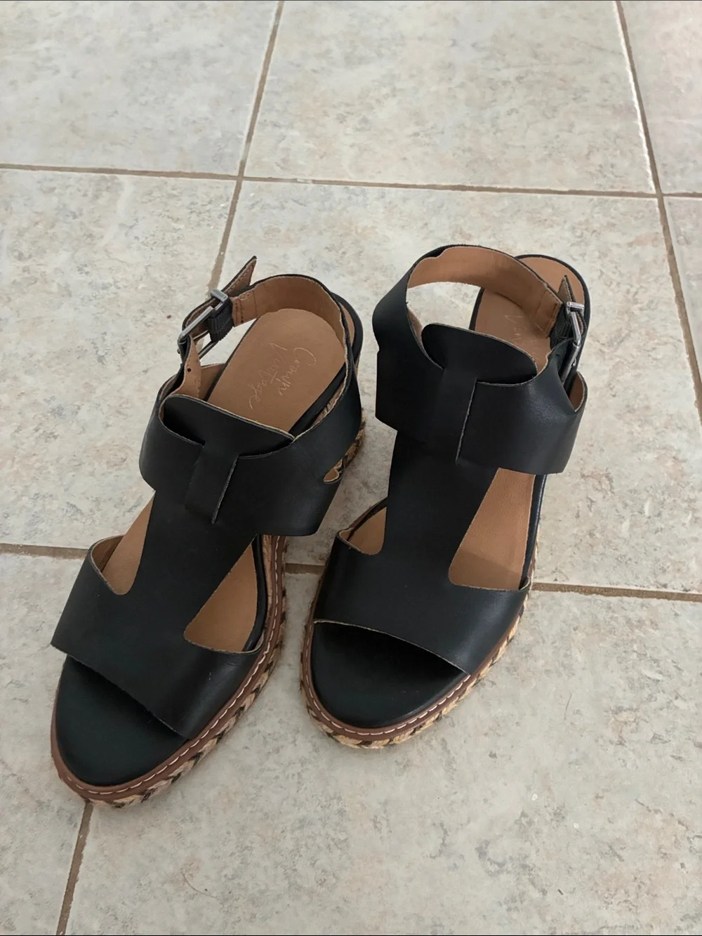 Crown Vintage Black Leather Wedge Sandals with Ankle Buckle