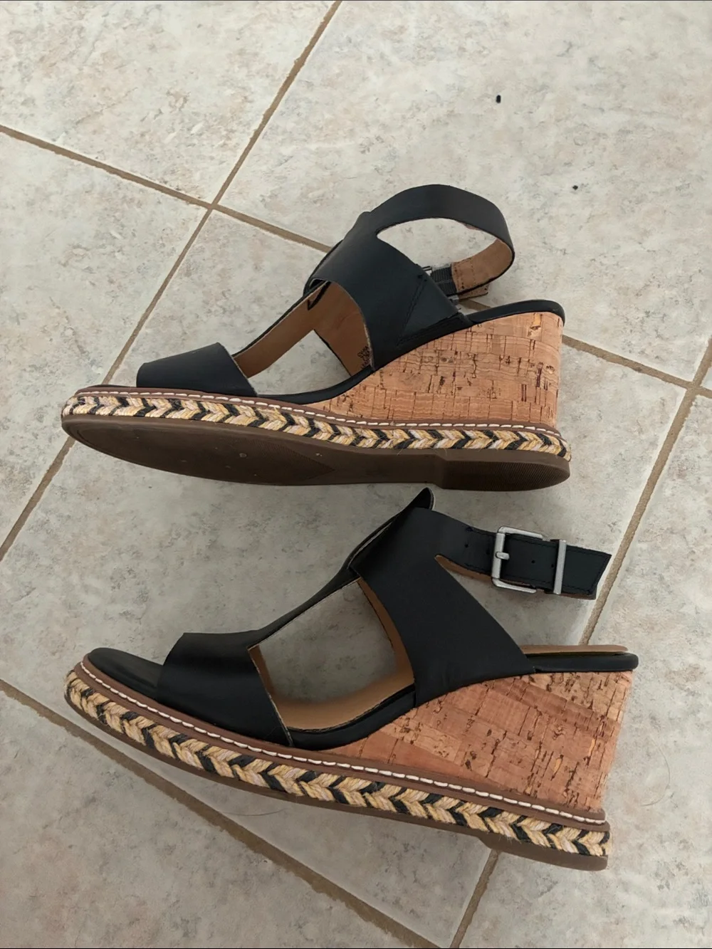Crown Vintage Black Leather Wedge Sandals with Ankle Buckle