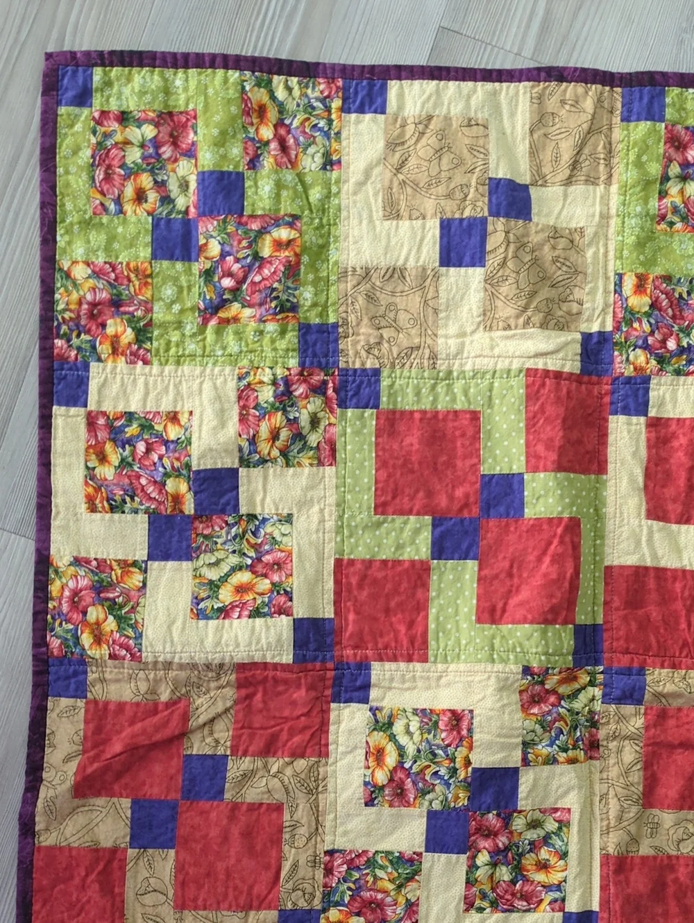 Handmade Floral Patchwork Quilt Wall Hanging Signed by Grandma Colorful Folk Art