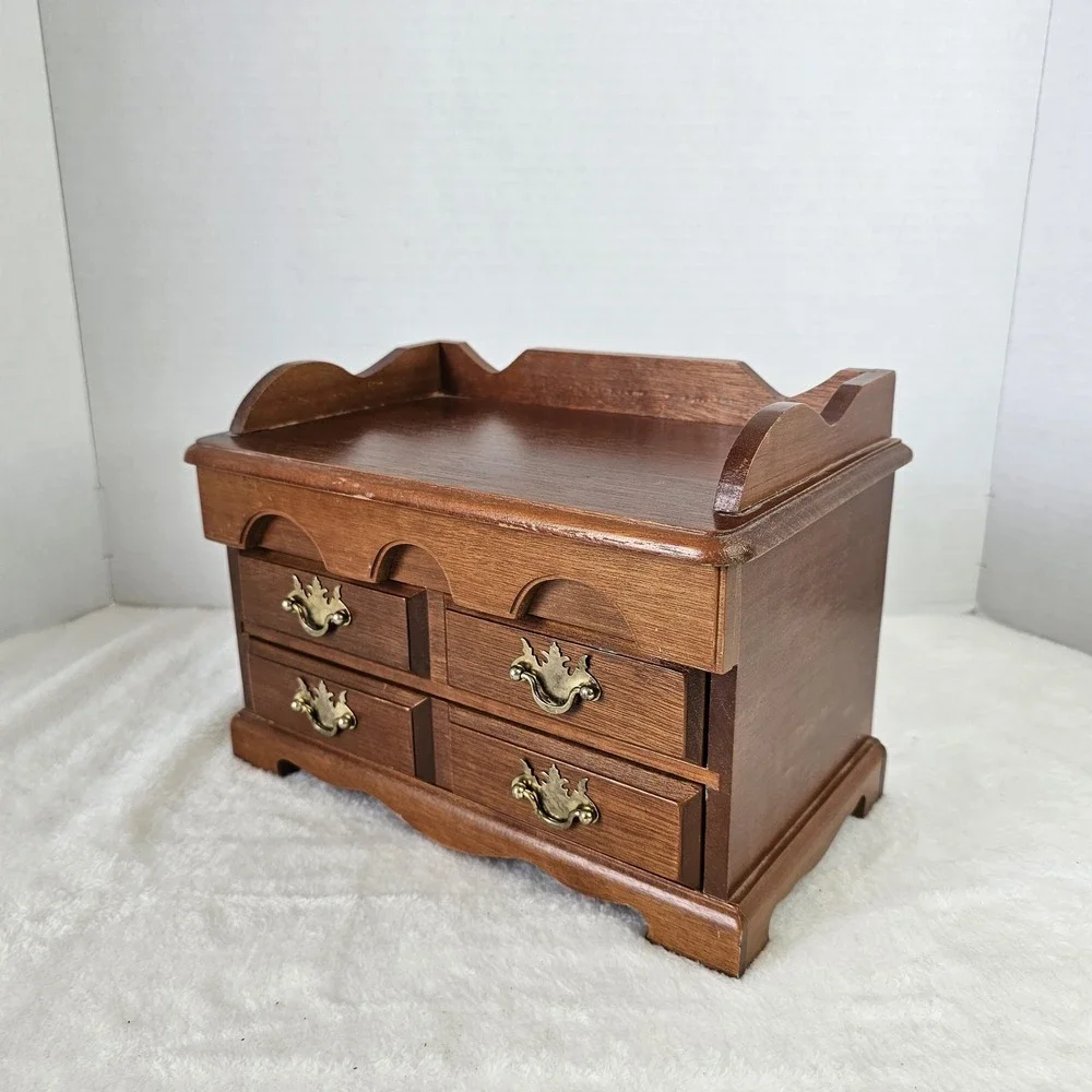Vintage Retro Brown Wooden Jewelry Box w/ Drawers Mini Dresser Style