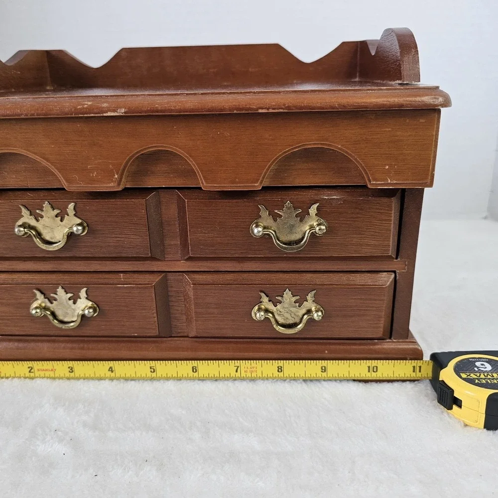 Vintage Retro Brown Wooden Jewelry Box w/ Drawers Mini Dresser Style