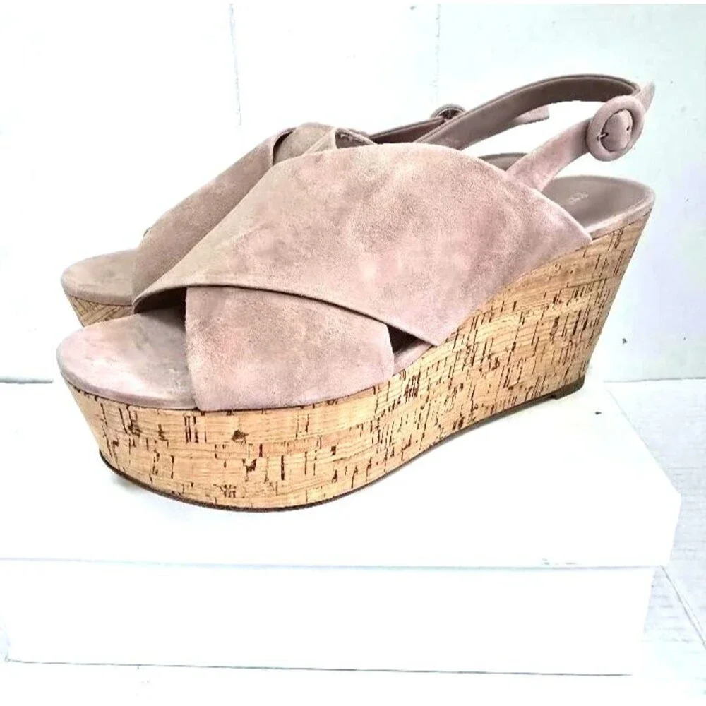 Diane von Furstenberg Juno Suede Slingback Wedge Sandals Beige Women's Size 10 M