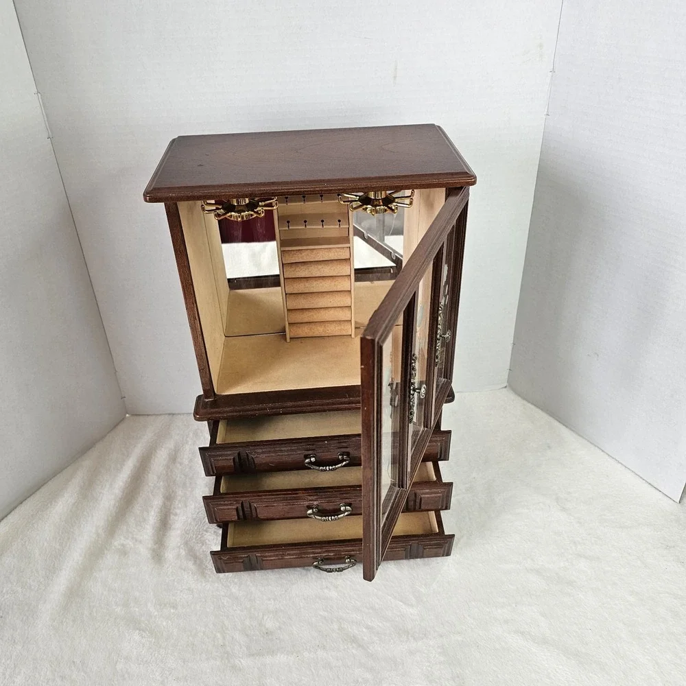 Vintage Wooden Curio Cabinet Jewelry Box With Glass Door 18x12x6.5