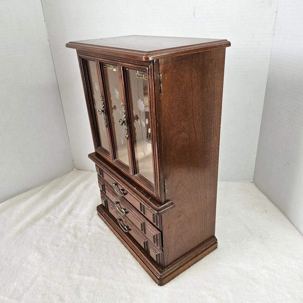 Vintage Wooden Curio Cabinet Jewelry Box With Glass Door 18x12x6.5
