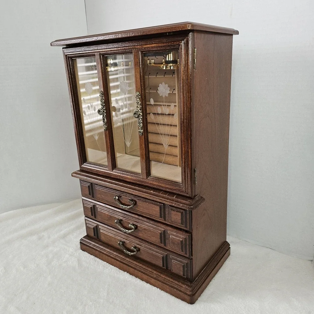 Vintage Wooden Curio Cabinet Jewelry Box With Glass Door 18x12x6.5