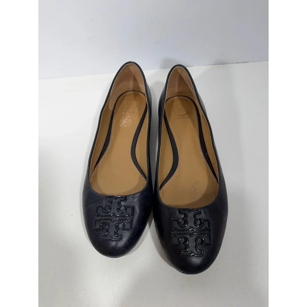 Tory Burch Navy Blue Leather Ballet Flats Logo Round Toe Shoes 7M 8778 A18