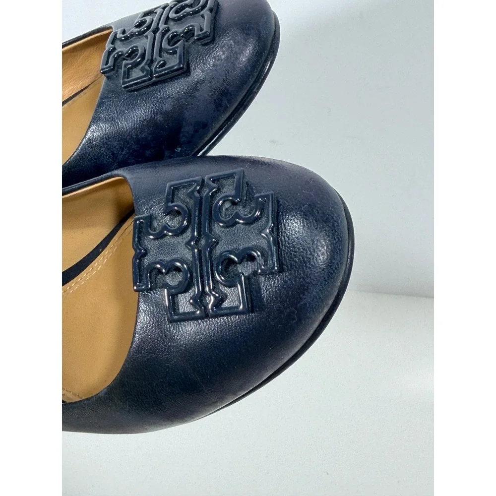 Tory Burch Navy Blue Leather Ballet Flats Logo Round Toe Shoes 7M 8778 A18