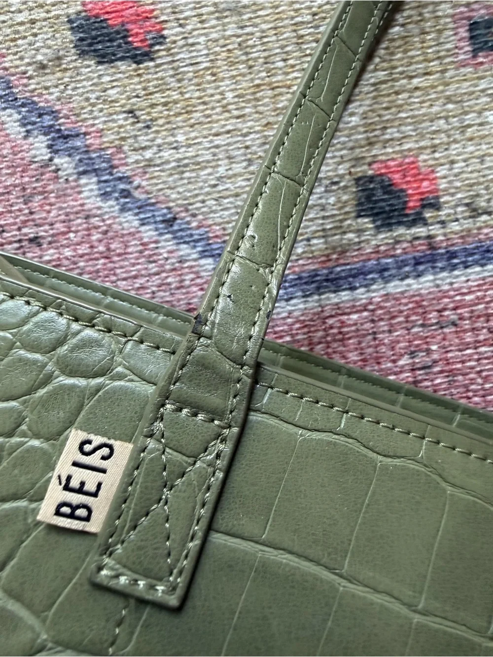 BEIS Olive Green Croc-Embossed Work Tote