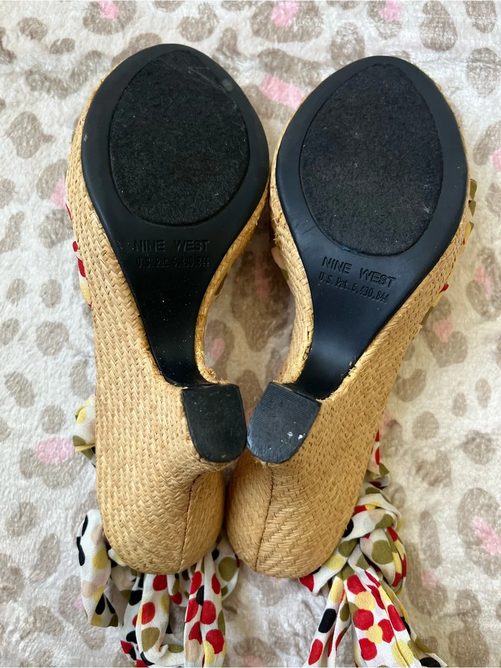 Retro Nine West Cream Espadrille Wedges with Red, Black and Olive Polka Dots