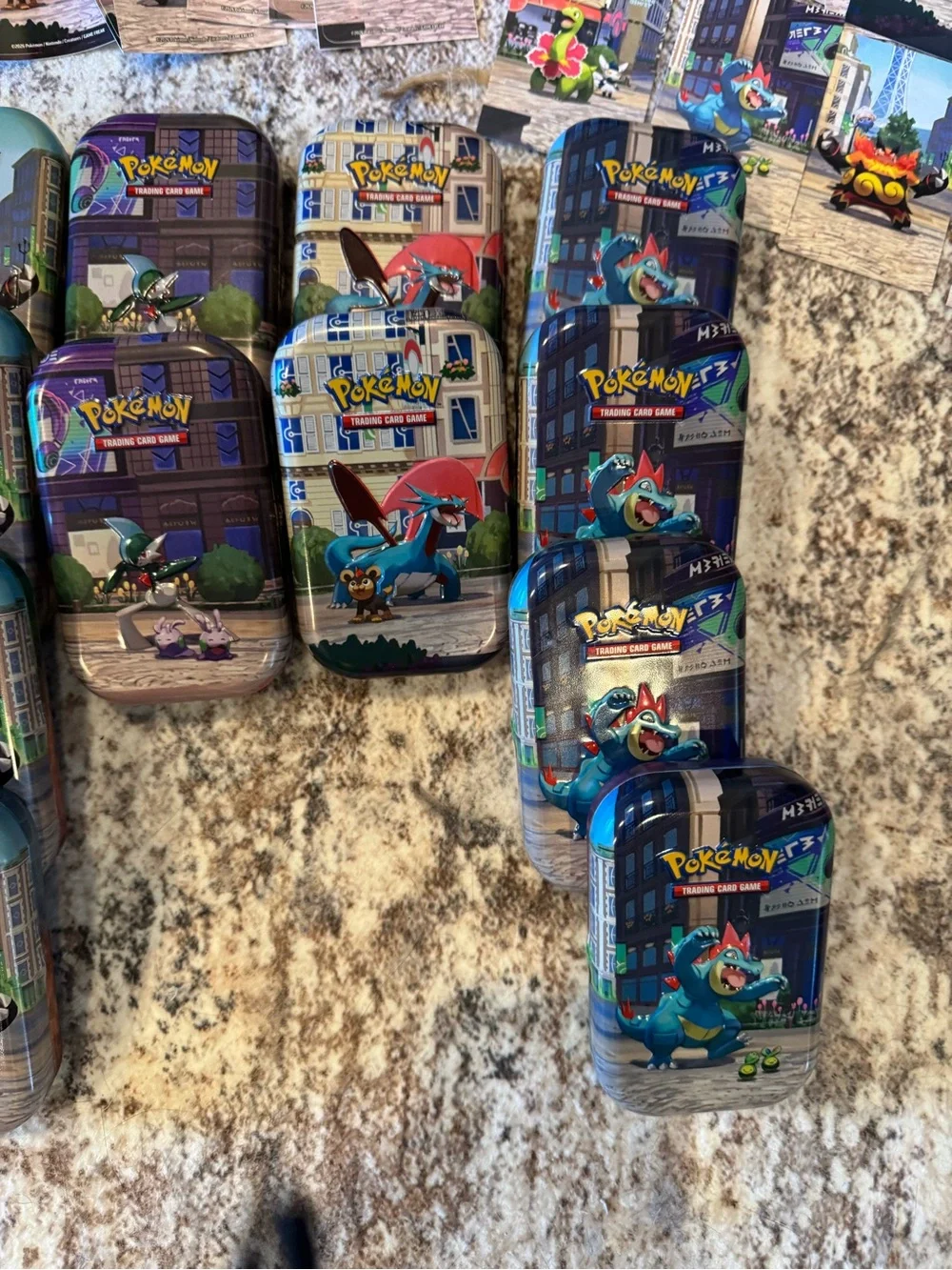 Pokemon Trading Card Tins and Cards - Blue, Green, Red, Yellow, Orange