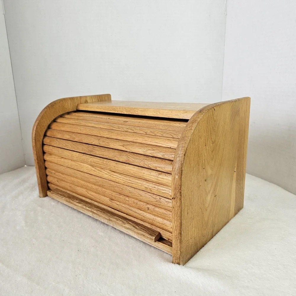 Vintage Natural Oak Roll Top Tambour Door Bread Box 16