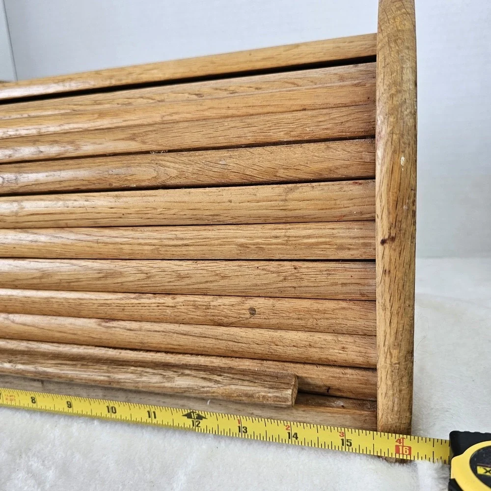 Vintage Natural Oak Roll Top Tambour Door Bread Box 16