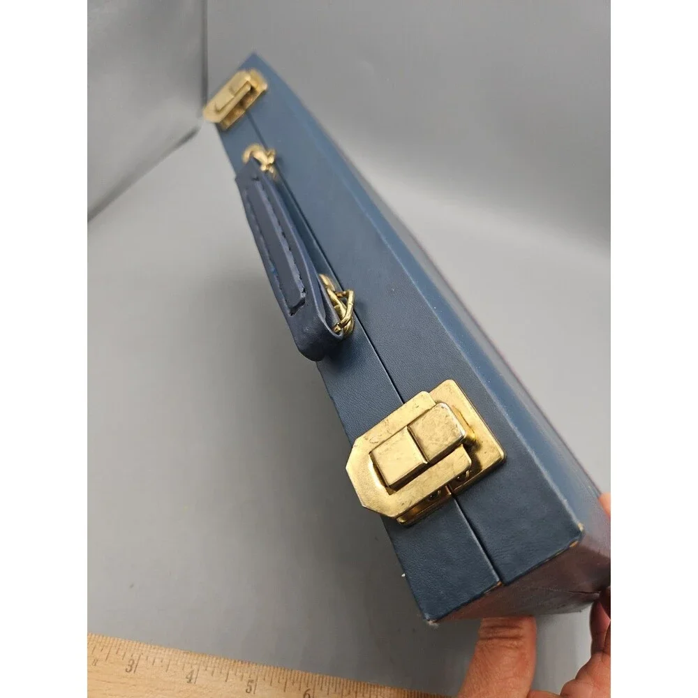 Vintage Style Backgammon Travel Set Blue Navy Case Dice Chips Folding Board