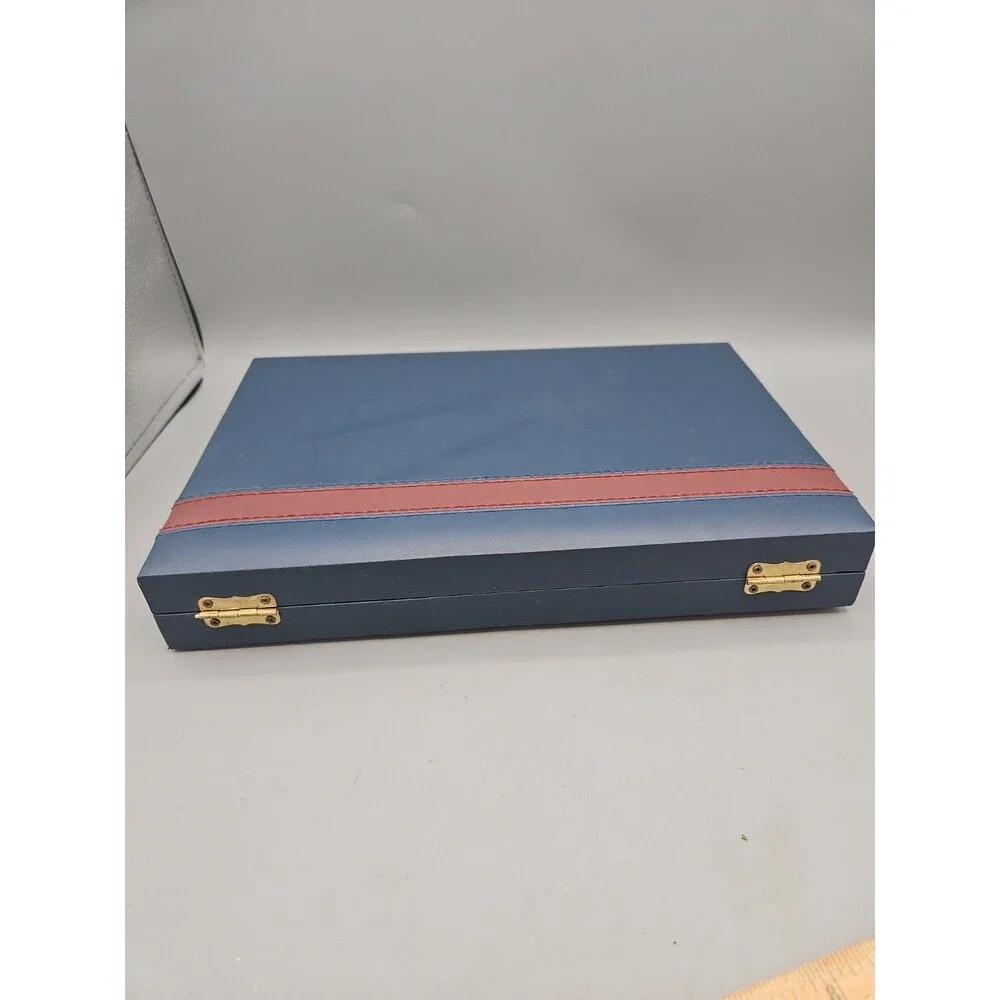Vintage Style Backgammon Travel Set Blue Navy Case Dice Chips Folding Board