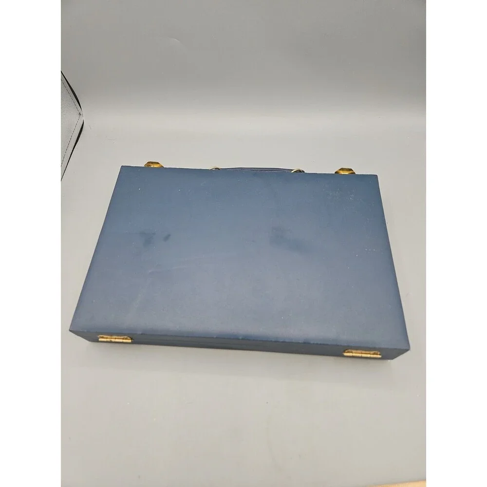 Vintage Style Backgammon Travel Set Blue Navy Case Dice Chips Folding Board