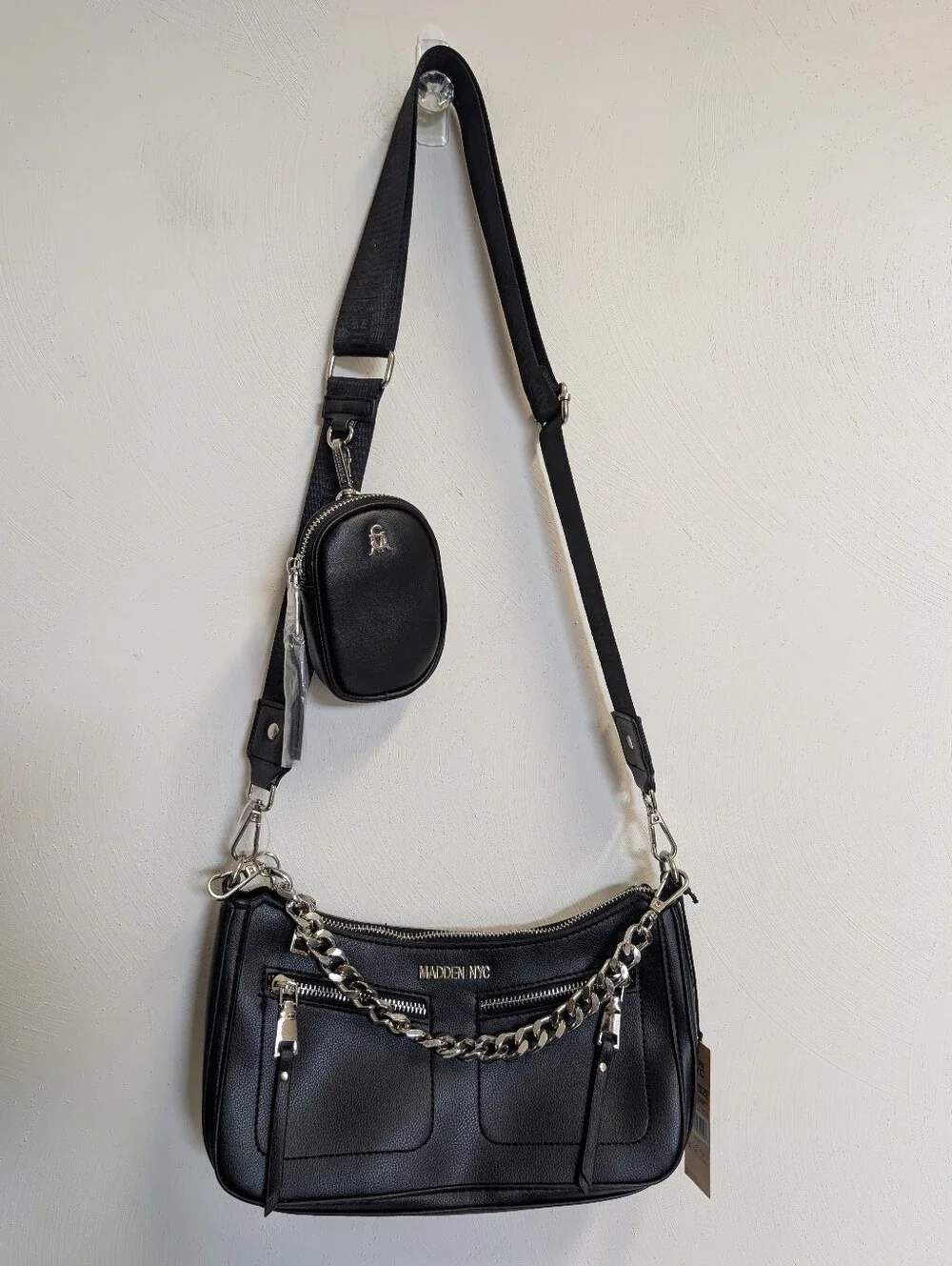 Madden NYC Women's Chain Strap Crossbody Handbag with Pouch, Black